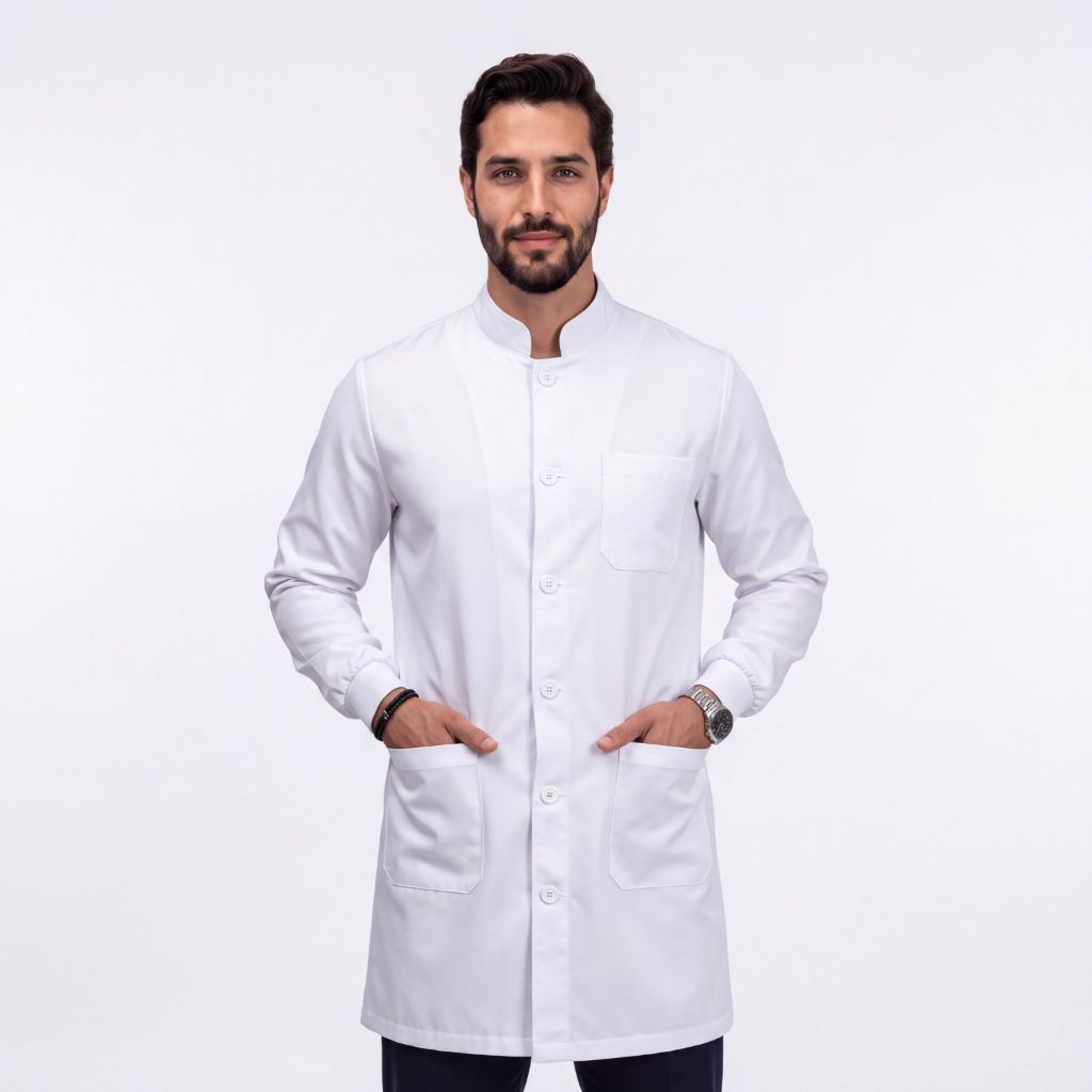 Jaleco Masculino Oxford Manga Longa Botão Punho Gola Padre Enfermagem Médica