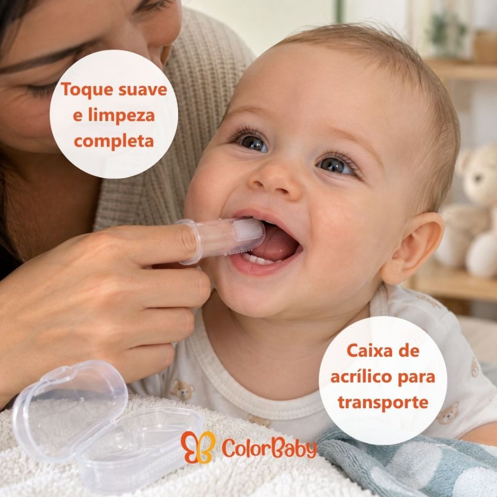 Escova de Dedo para Bebê - Massageia gengiva, limpa dentes, com estojo - Modelo Dedal - ColorBaby · foto 2