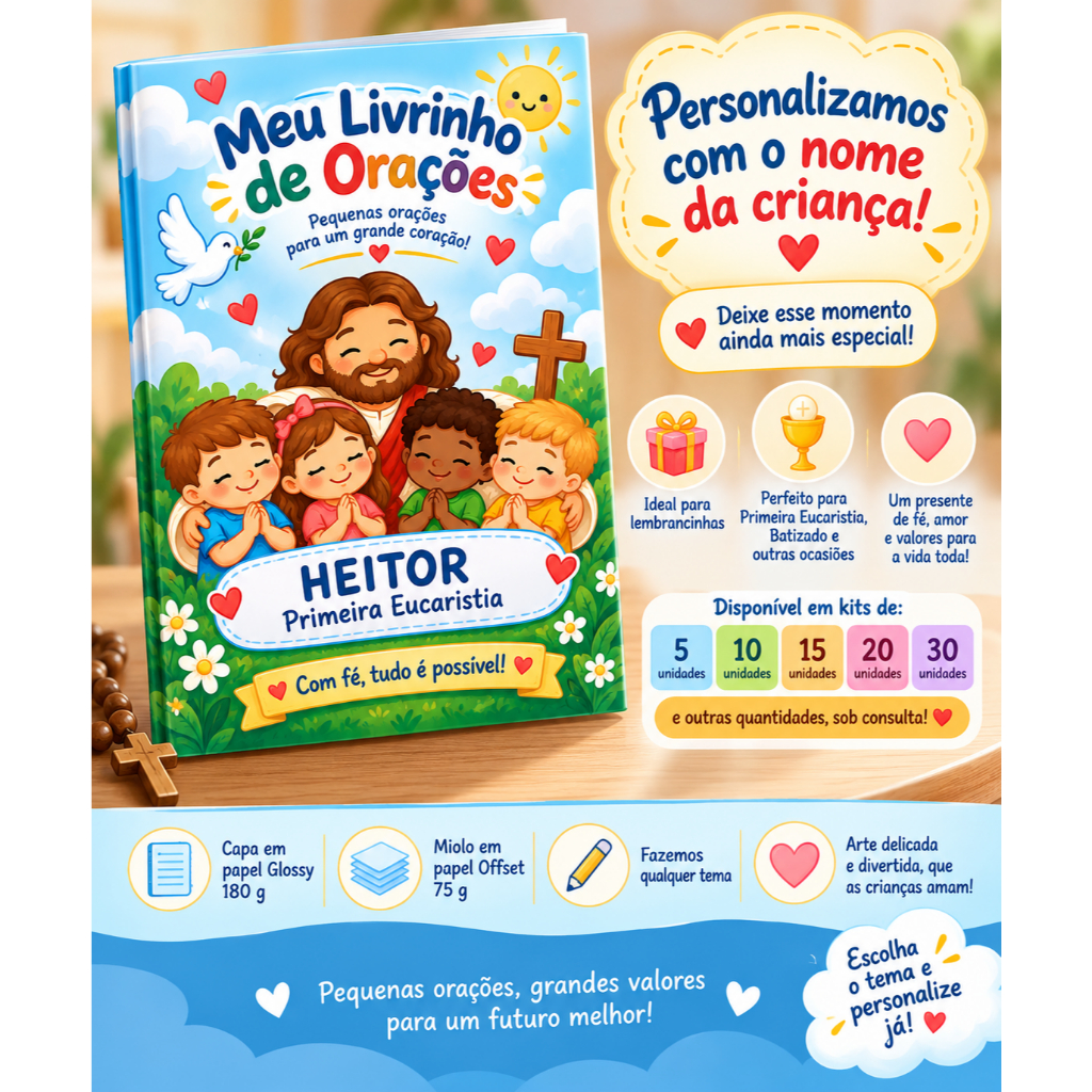Livrinho de Orações Infantil Personalizado com Nome | Lembrancinha Batizado, Primeira Eucaristia, Crisma
