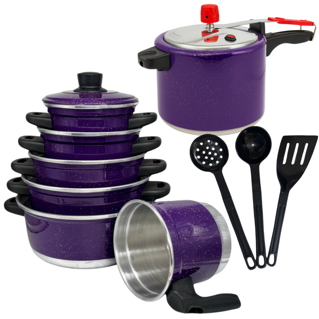 Jogo de Panelas 5 Peças + Panela de Pressão 4,5 L Roxo + Fervedor e Espátulas