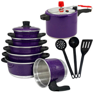 Jogo de Panelas 5 Peças + Panela de Pressão 4,5 L Roxo + Fervedor e Espátulas