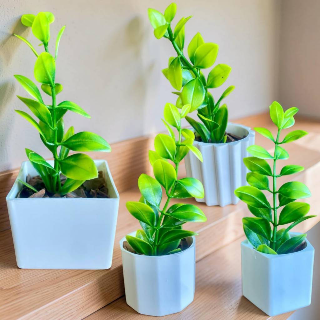 Kit 4 Mini Vasos Decorativos Com Plantinhas Vasinho Plástico Pequeno Decoração Sala , Escritório, Home Office