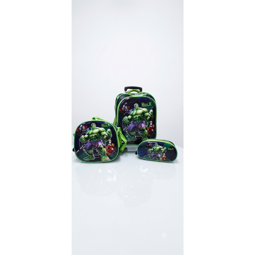 Kit Mochila Hulk Infantil Rodinhas Escolar Com Lancheira Térmica e Estojo Menino Volta às Aulas