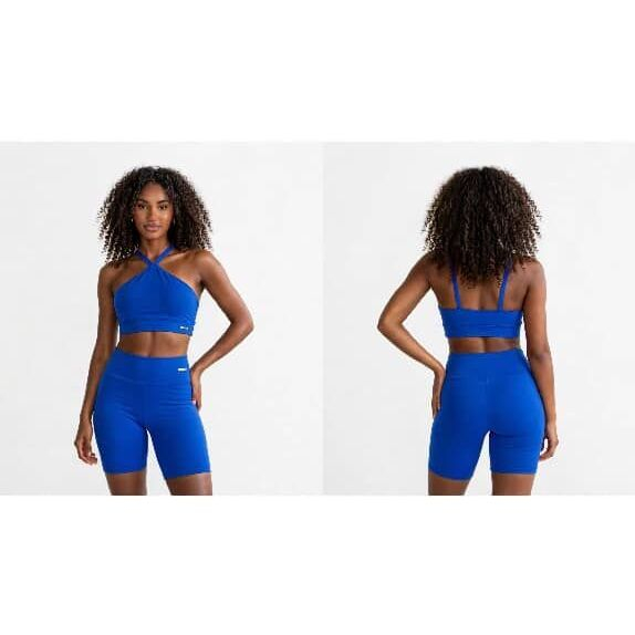 CONJUNTO FITNESS FEMININO TOP FRENTE ÚNICA CRUZADO + SHORT BIKER CINTURA ALTA ACADEMIA