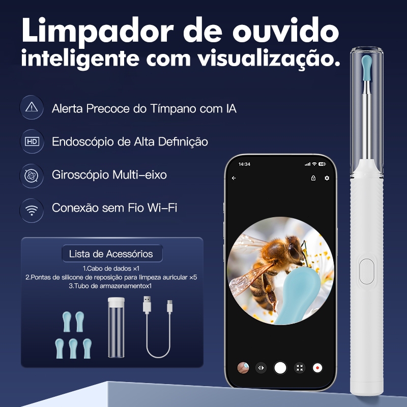 Kit Cera de Ouvido com Câmera Visual, Otoscópio Portátil para Limpeza Auricular