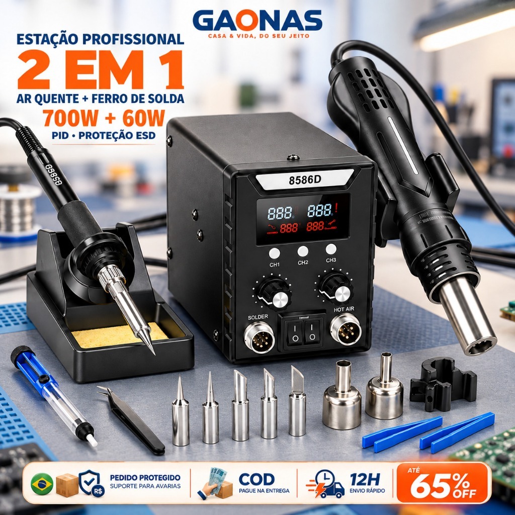 GN-Estação de Solda com Ar Quente 700W e Ferro 60W 8586D Display LCD para Retrabalho SMD BGA e Componentes Eletrônicos