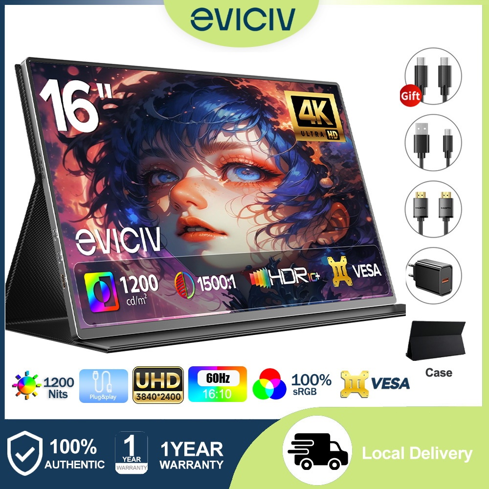 【Enviar do Brasil】EVICIV Monitor Portátil 4K 16inch 1200Nits Anti-Reflexo 1500:1 HDR 16:10 Compatível Notebook Game PS5