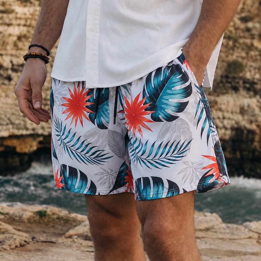Shorts Tactel Masculino Estampado Florido Bermuda Tropical Elastano Streetwear Masculina Treino Praia