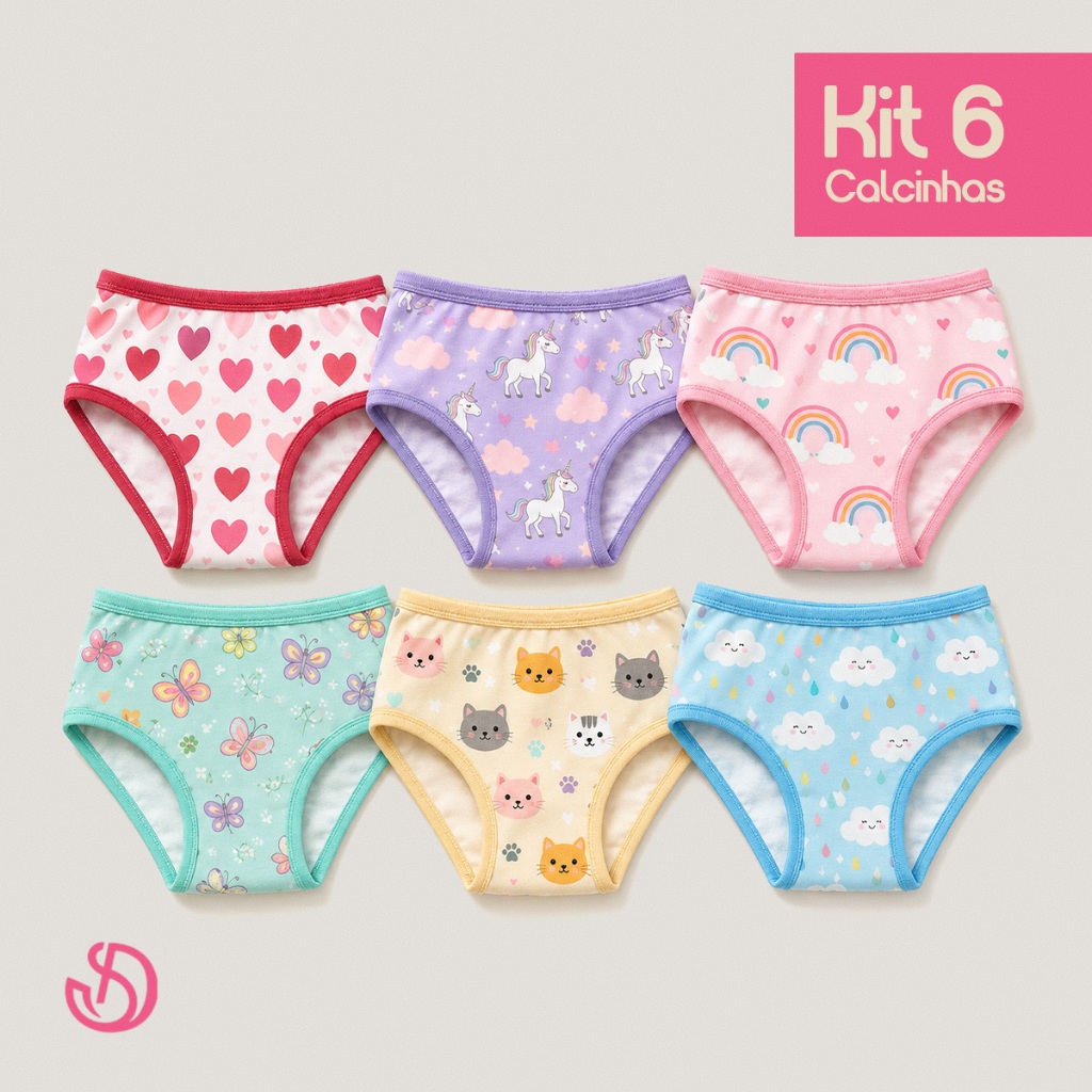Kit 6 Calcinhas Tanga Infantil Feminina Menina Juvenil Estampas Sortidas Confortável