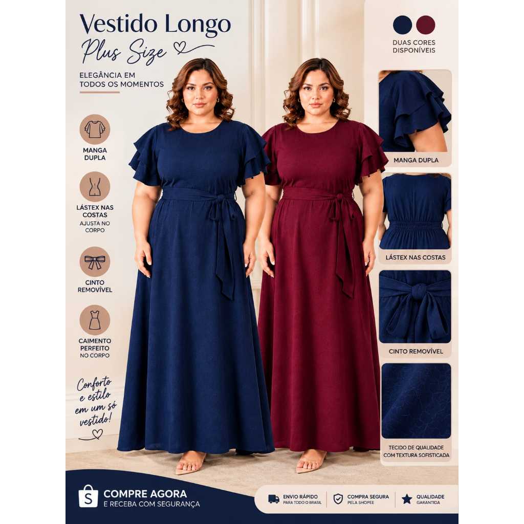 KIT DOIS VESTIDOS FEMININO LONGO PLUS MANGA RIG LANGUE ELEGANTE FESTA EVANGELICO