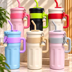 Copo térmico com Canudo de Inox1200ml Com Alça Isolamento Térmico Academia com tampa 2 funções