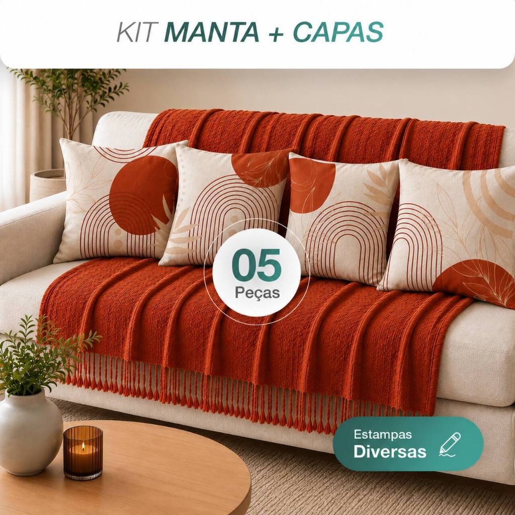 Kit Manta Decorativa P + 4 Capas de Almofadas Estampa Digital para Sala