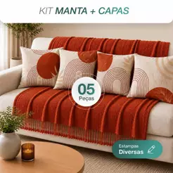 Kit Manta Decorativa P + 4 Capas de Almofadas Estampa Digital para Sala