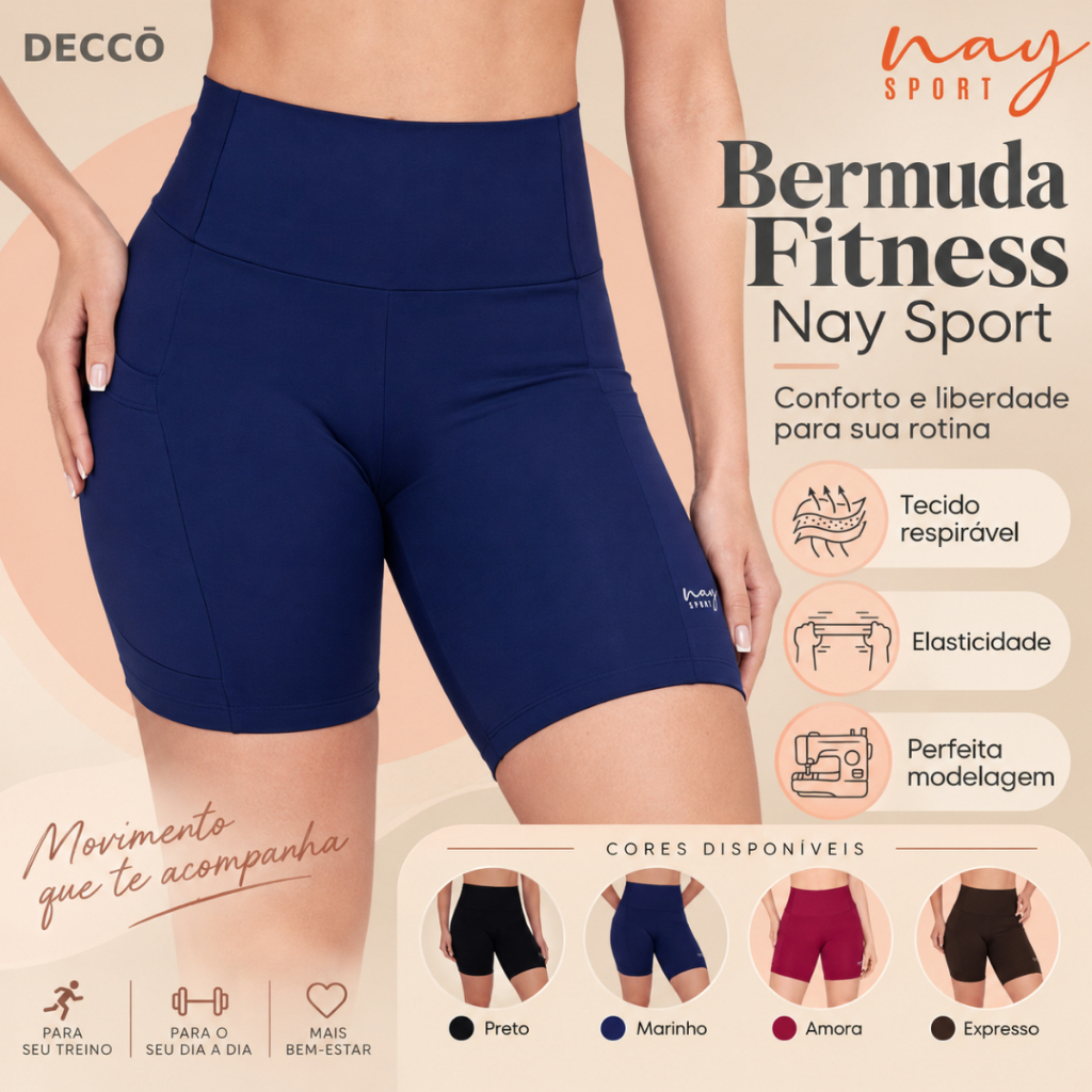 Bermuda Feminina Fitness Nay Sport Cintura Alta com Bolso Lateral Academia Treino,Corrida, Caminhada