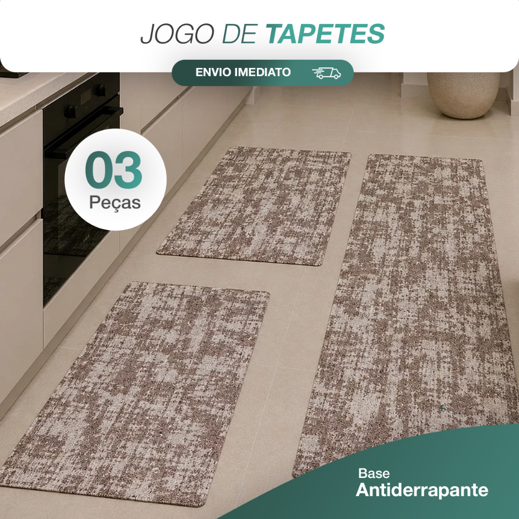 Jogo Tapete Cozinha 3 Peças Jacquard Passadeira Antiderrapante Lavável Geométrico Premium Luxo