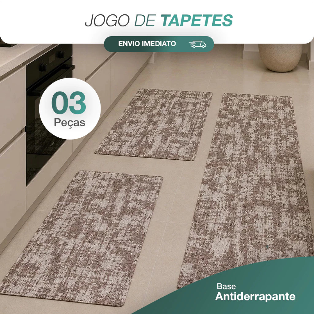 Jogo Tapete Cozinha 3 Peças Jacquard Passadeira Antiderrapante Lavável Geométrico Premium Luxo