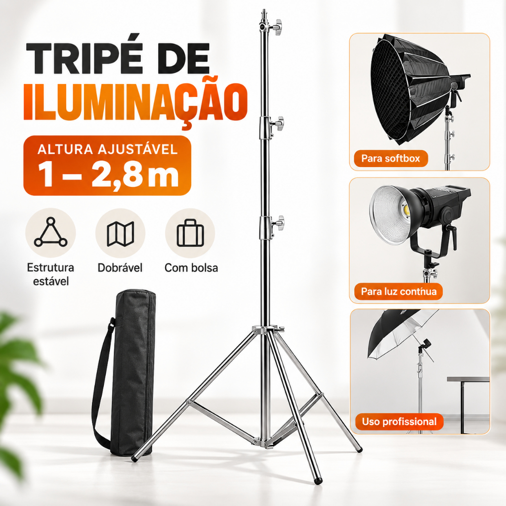 Tripe Iluminacao Profissional Estúdio Foto/vídeo Inox 2,8m Prata com Bolsa Design Dobrável