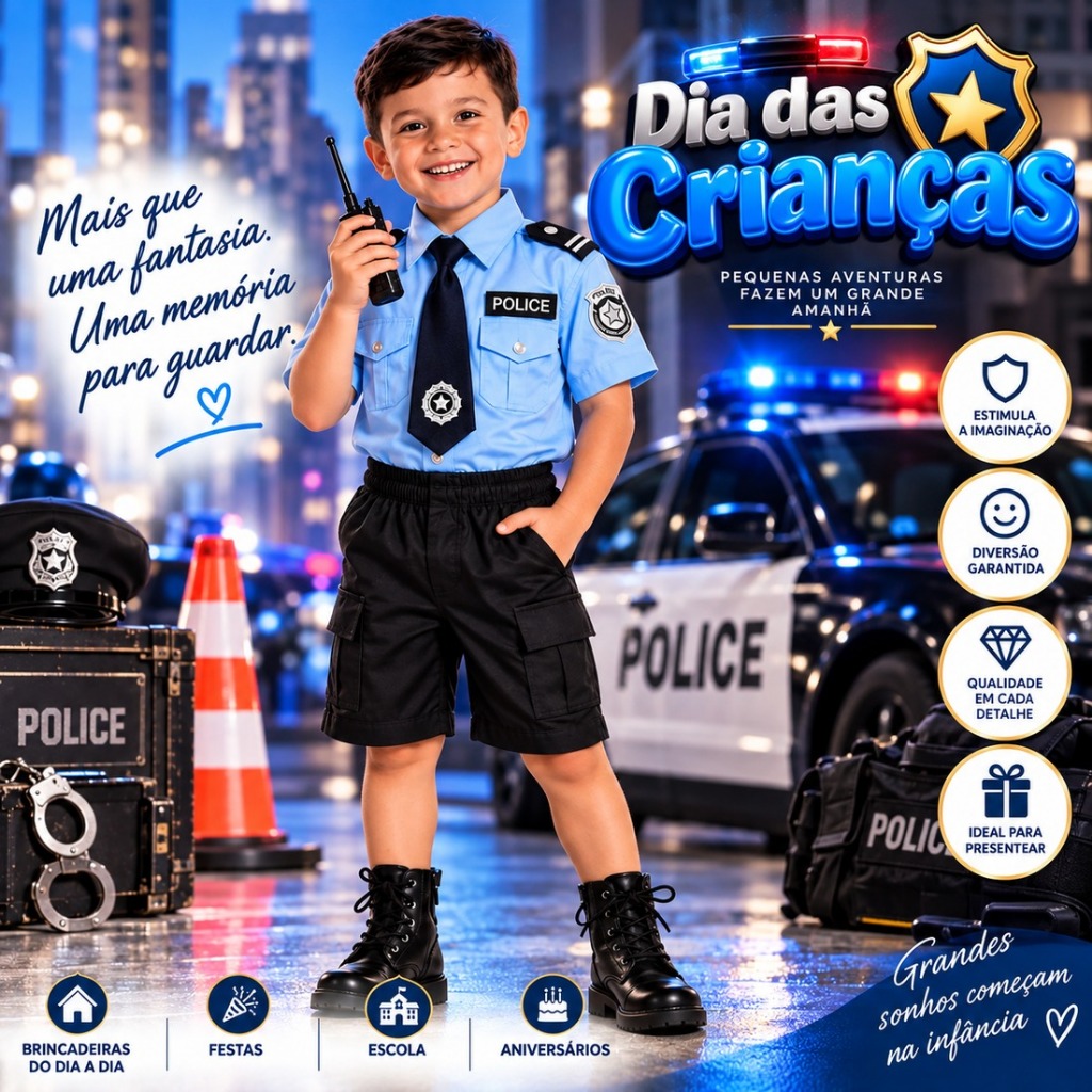 Fantasia Policial Infantil Militar Cosplay Festa Dia das Crianças
