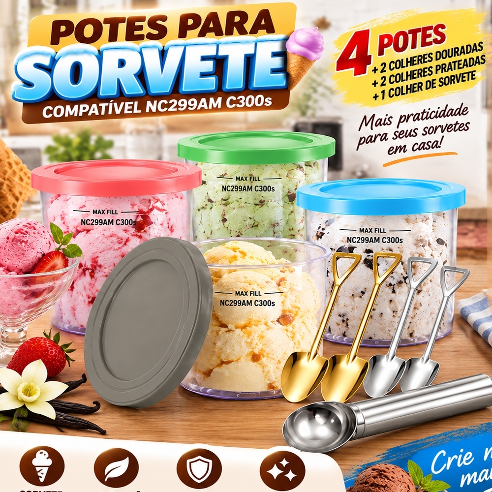 Kit 19 Peças Recipientes para Sorvete Ninja Creami - Compatível NC299AMZ, NC300, NC301, CN301CO, CN305A - Com Colheres