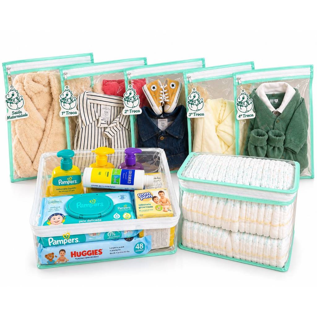 Kit Organizador Maternidade 5 SAQUINHO + 5 TAG + 1 PORTA FRALDA + 1 NECESSAIRE Bebê Mala Transparente