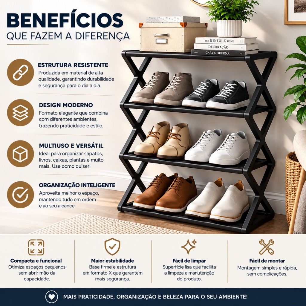 Sapateira Prateleira Sanfonada 4 Andares Organizadora Multiuso Sapatos Livros Brinquedos Compacta Moderna Desmontável