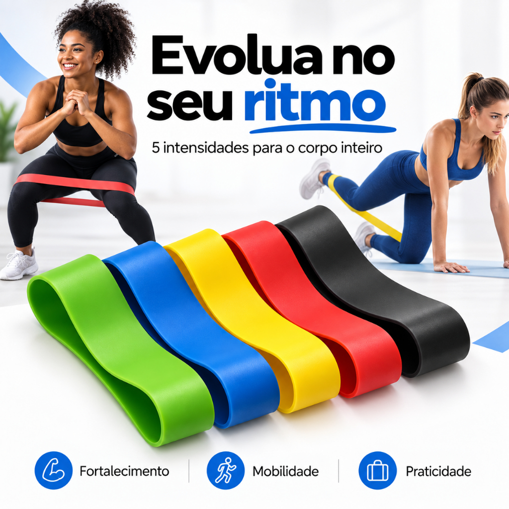 Kit 5 Faixas Elástica de Resistência Mini Band para Treino Yoga Pilates Treino Academia Musculação