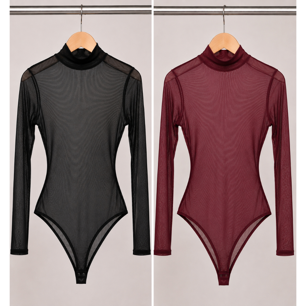 Kit 2 Body Tule Feminino Manga Longa Gola Alta Blusa Sensual Transparente Bori Blogueira
