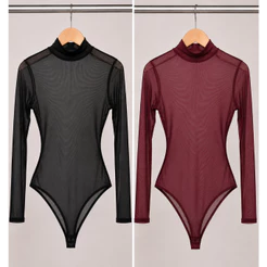 Kit 2 Body Tule Feminino Manga Longa Gola Alta Blusa Sensual Transparente Bori Blogueira