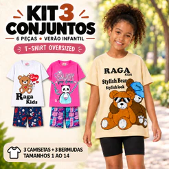 Kit 3 Conjuntos Infantil Juvenil Menina Verão T-SHIRT OVERSIZED 3 Blusas + 3 Shorts Sortidos Tam 1 ao 14