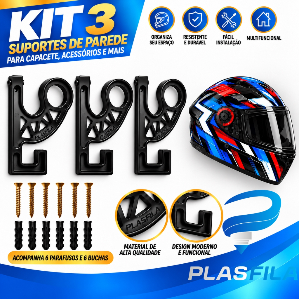 Kit 3 Suportes Gancho Parede Capacete Moto Bike Organizador Boné Mochila Jaqueta Chaves Acessórios Garagem Oficina Casa