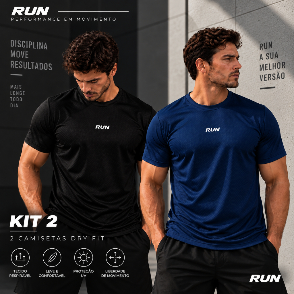 Kit 2 Camiseta Dry Fit Masculina RUN TRAINING Original Respirável Confortável Treinos Academia