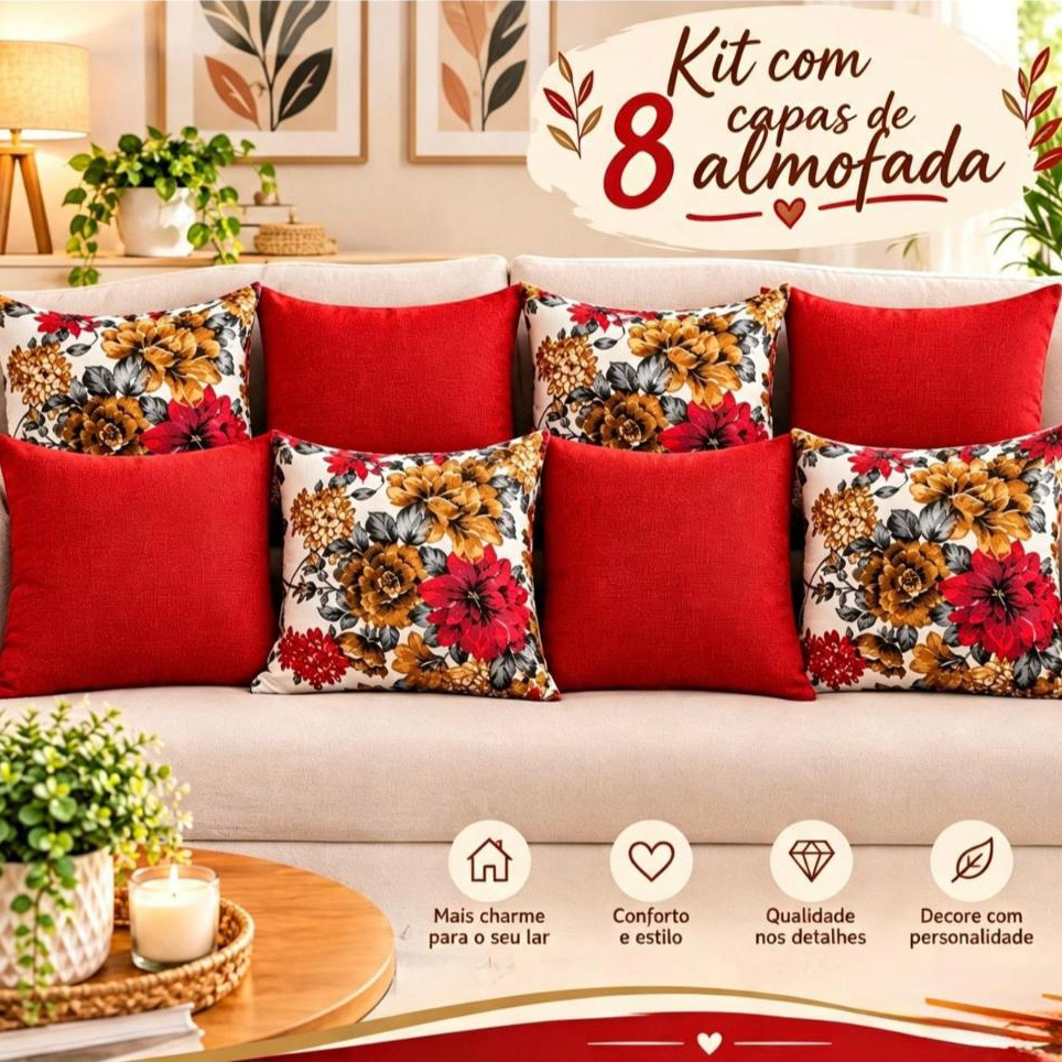 Kit 8 Capas de Almofadas 45x45 Cm , Com Zíper 4 Estampadas e 4 Lisas
