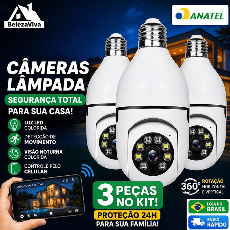 Câmera Segurança WIFI Sem Fio IP Bivolt Prova D'água Infravermelho 360 Full HD Visão Noturna 8177