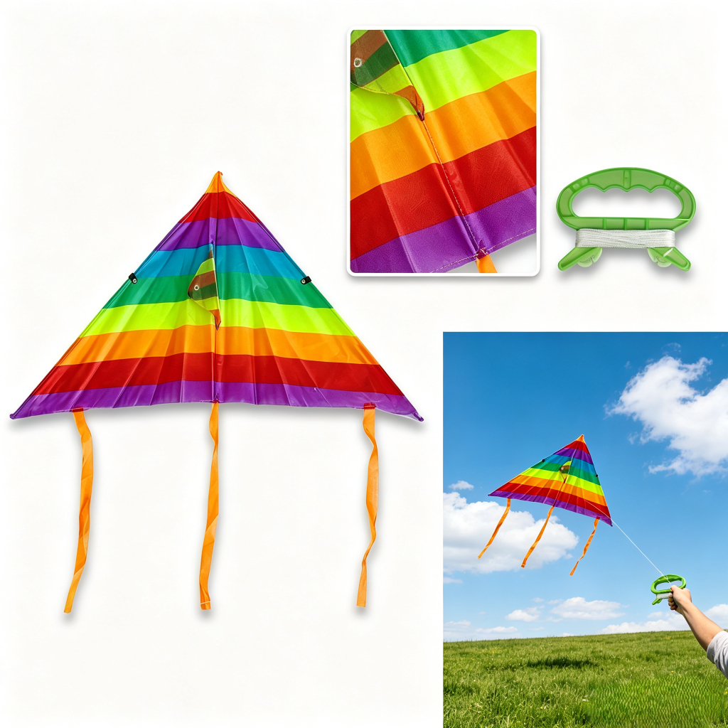 Kit Pipa Infantil Triângulo Arco-Íris 90cm/120cm Completo Fácil De Empinar Para Parque Praia Brinquedo Ao Ar Livre
