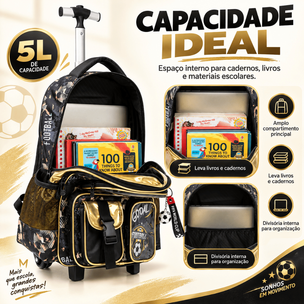 Kit Mochila Lancheira Estojo Infantil Rodinhas Menino Futebol Reforçado Lequeen · foto 2