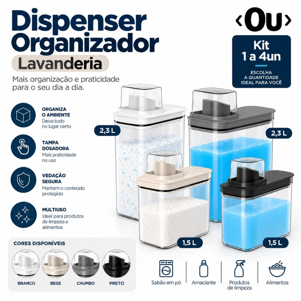 Kit 1 a 4 Peças Dispenser Organizador Lavanderia OU 1,5L 2,3L para Amaciante e Sabão em Pó e Líquido