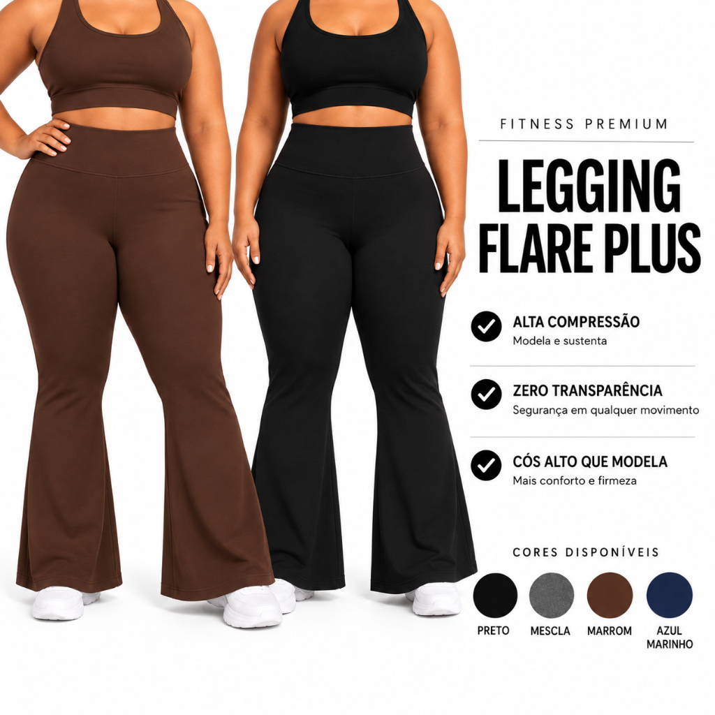 Legging Flare Plus Size Feminina Suplex Cós Alto Não Transparente Academia Fitness Alta Compressão G1 AO G3