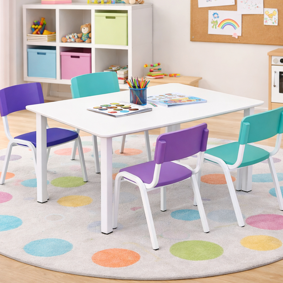 Mesa Infantil Branca MDF Refeitório Escola Creche 120x70 Com 4 Cadeiras Roxa/Lilas e Verde Água