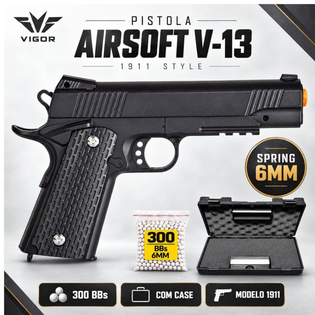 Pistola Airsoft Vigor V-13 1911 Spring 6mm Rossi + 300 BBs + Case