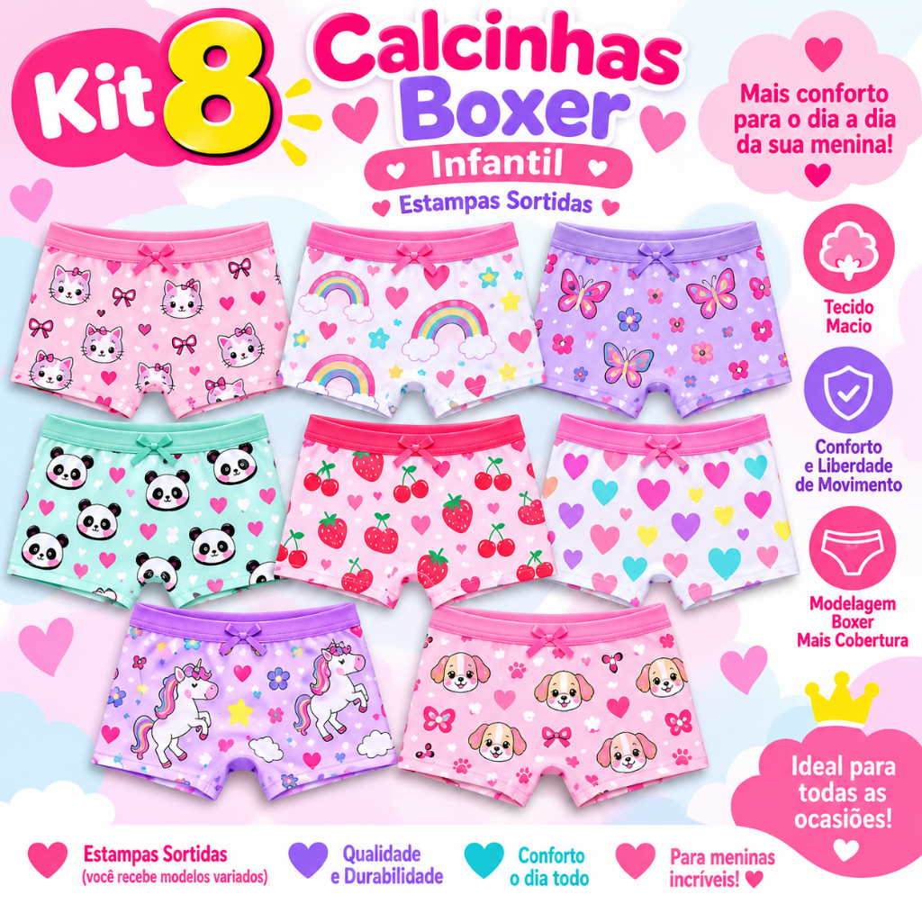 Kit 8 Calcinhas Shortinhos Box Boxer Infantil Menina Algodão