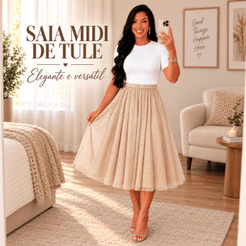 Saia Midi Godê Tule Poá com Cinto Moda Evangélica Feminina