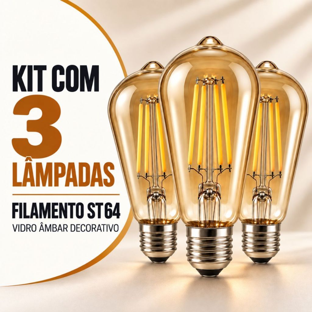 Kit 3 Lâmpada Led Filamento ST64 4w 2400k Âmbar Bivolt 110v 220v Vintage Decorativa Elegante Pêra