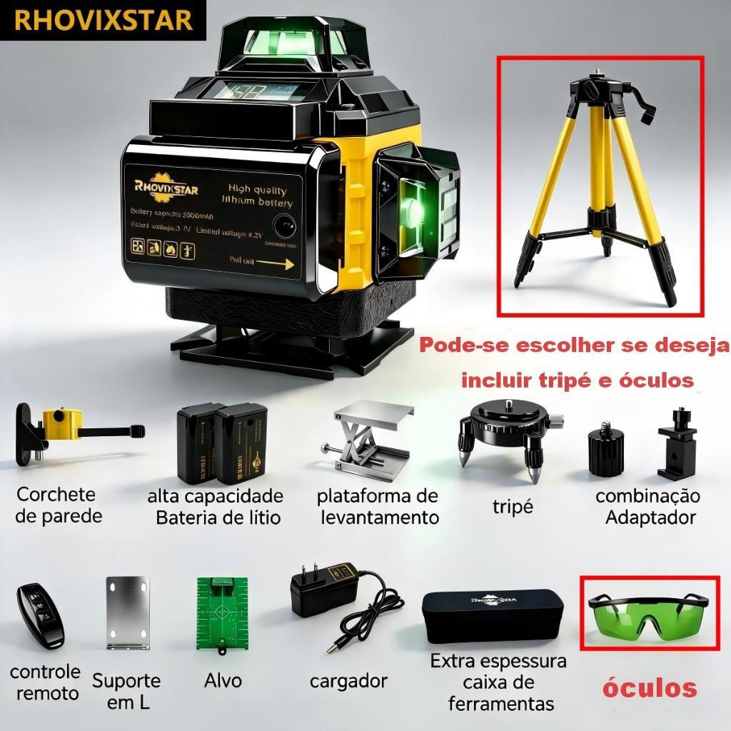 Rhovixstar Conjunto De Nível a Laser De 16 Linhas, Incluindo 2 Baterias, Profissional 4D De 360°, Verde