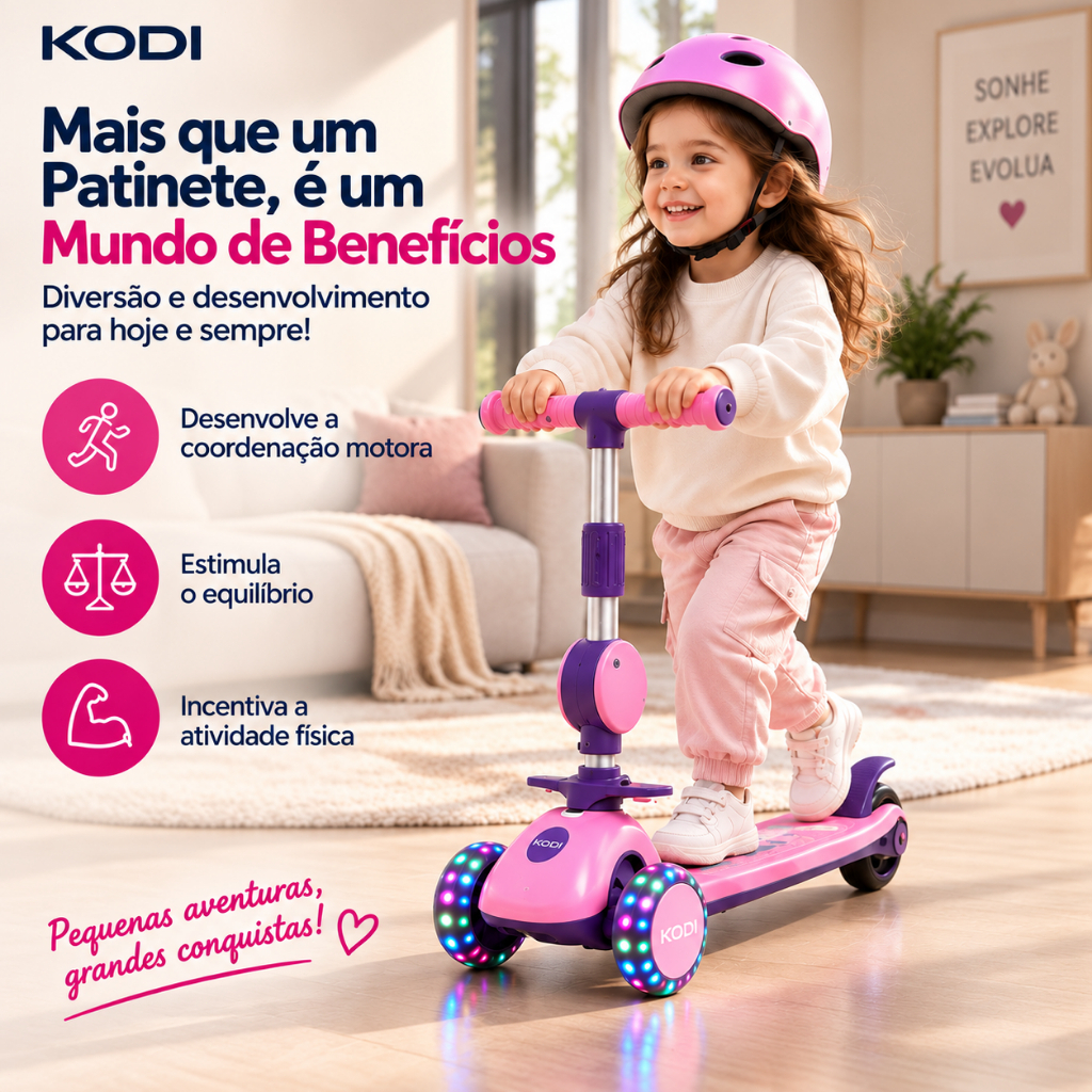 Patinete Infantil 3 em 1 1-12 Anos, Assento Dobrável Removível, LED e Música, Altura Ajustável, Seguro e Resistente-P15