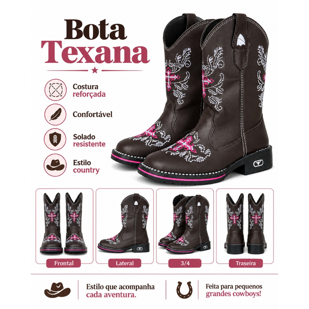 Bota Texana Infantil Country Menina Marrom com Rosa Cowboy Western Cowgirl para Rodeio Festa Passeio e Uso Casual.