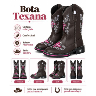Bota Country Infantil Menina Texana Marrom Rosa Estilo Cowgirl Cowboy Western para Rodeio Festa Country Passeio