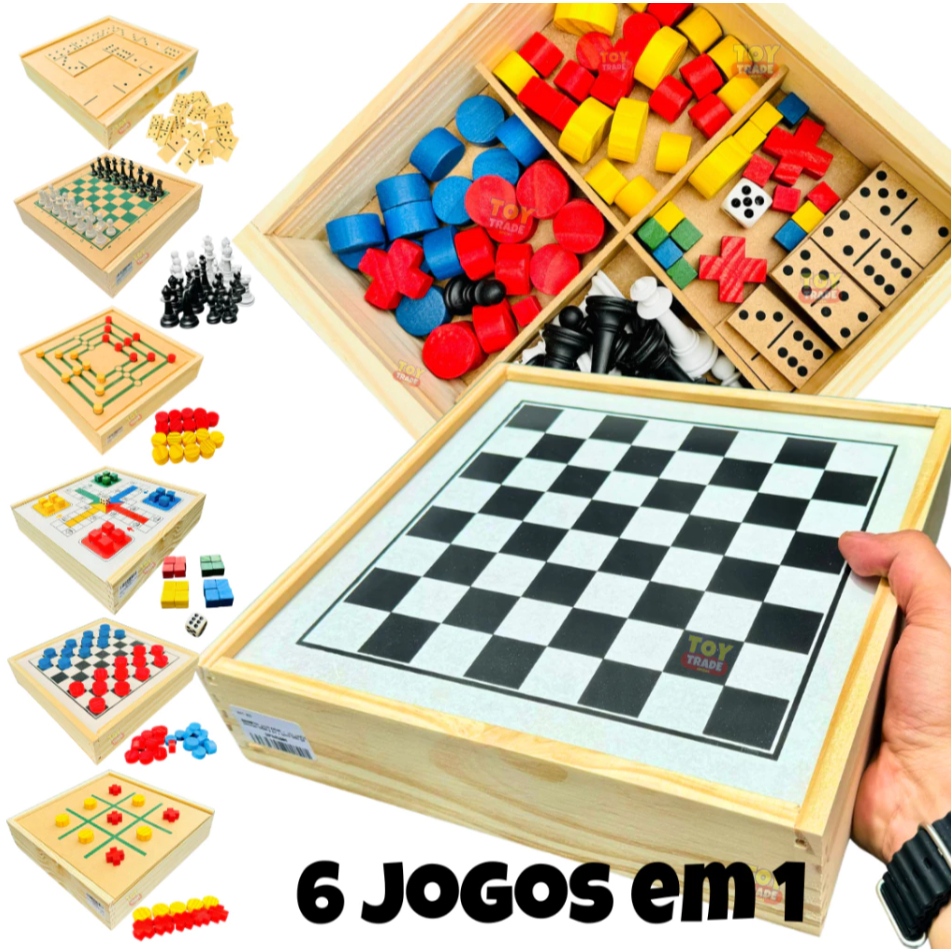 Jogos 6x1 Tabuleiro Dama, Jogo Da Velha, Ludo, Trilha, Dominó e Xadrez Jogo de Mesa