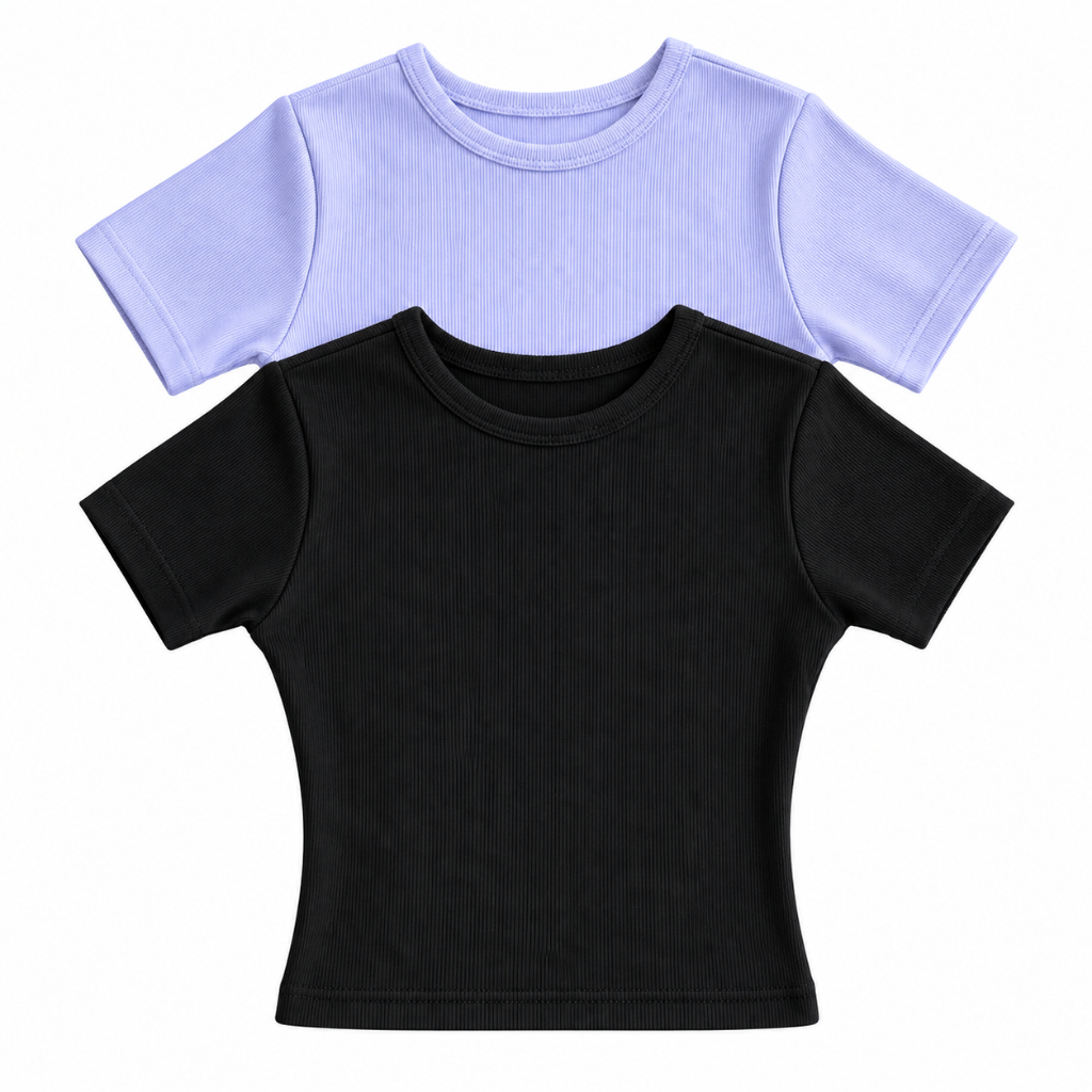 Kit 2 Cropped Feminino Manga Curta Canelado Ribana Algodão Gola Redonda Blusinha Básica Opção de Cores baby tee
