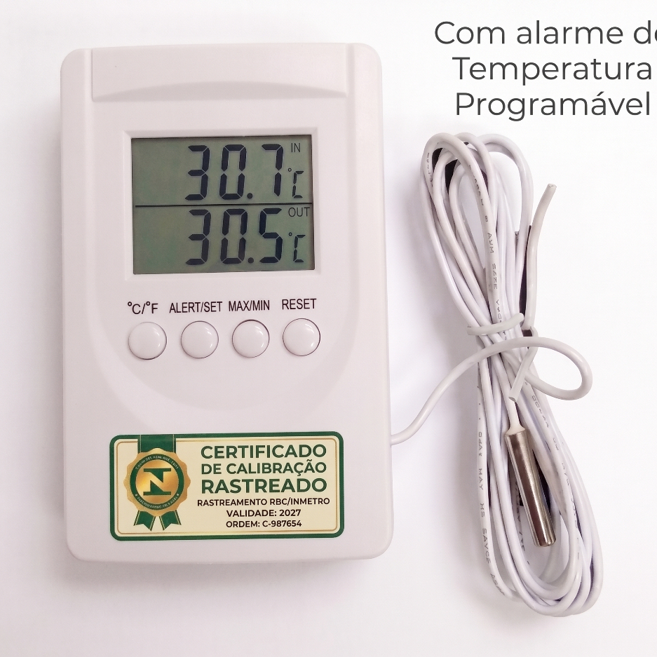 Termômetro Digital Alarme Temperatura Máxima e Mínima Interno Externo com cabo Certificado Calibração Geladeira Freezer