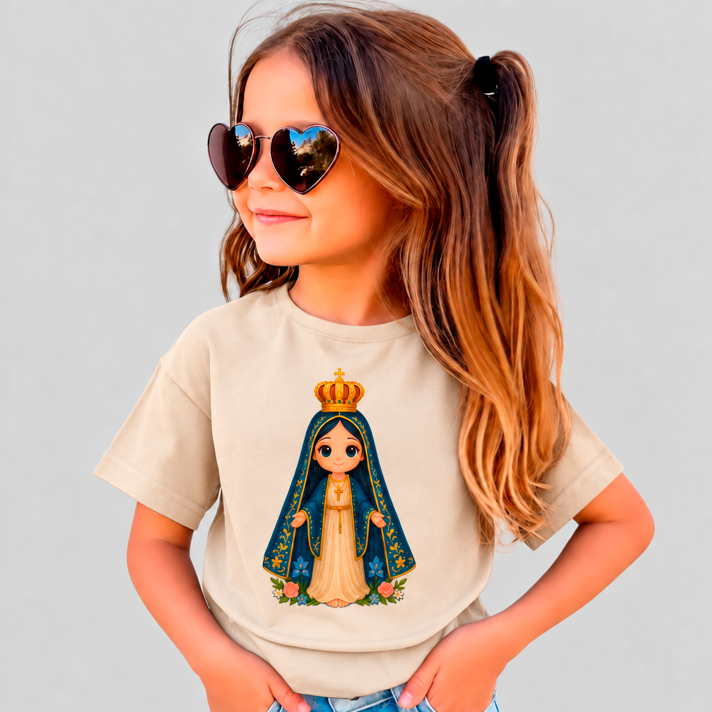 Camiseta Infantil Feminina Religiosa Católica Nossa Senhora Algodão Estampada 8 ao 14